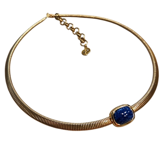 Dior Choker Necklace Vintage 80s Dior Chunky Gold Tone Blue Faux Stone - Picture 3 of 16